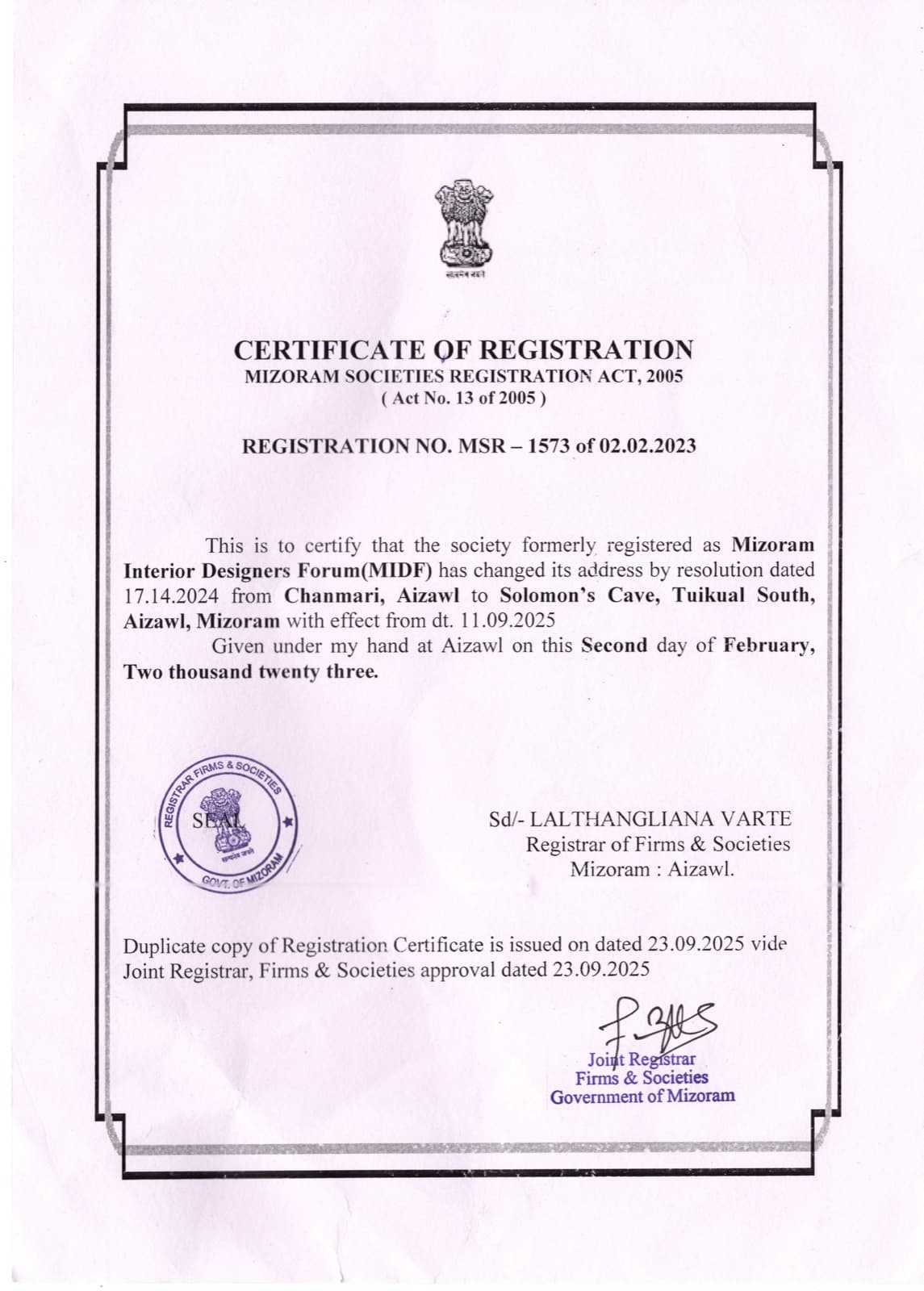 MIDF Registration Certificate · Address Change